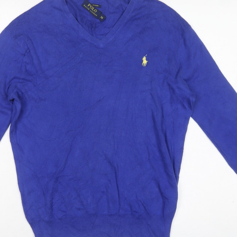 Polo Ralph Lauren Men Blue XS Pima Cotton V-Neck Logo Jumper
