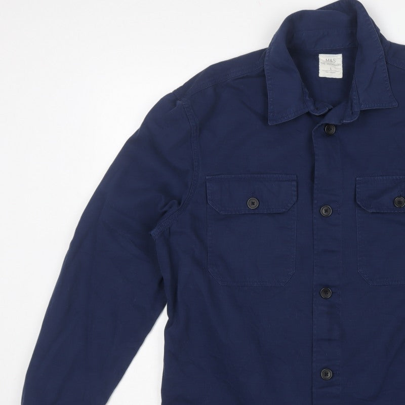 M&S Mens Blue L Cotton Overshirt Button-Up Long Sleeve Workwear