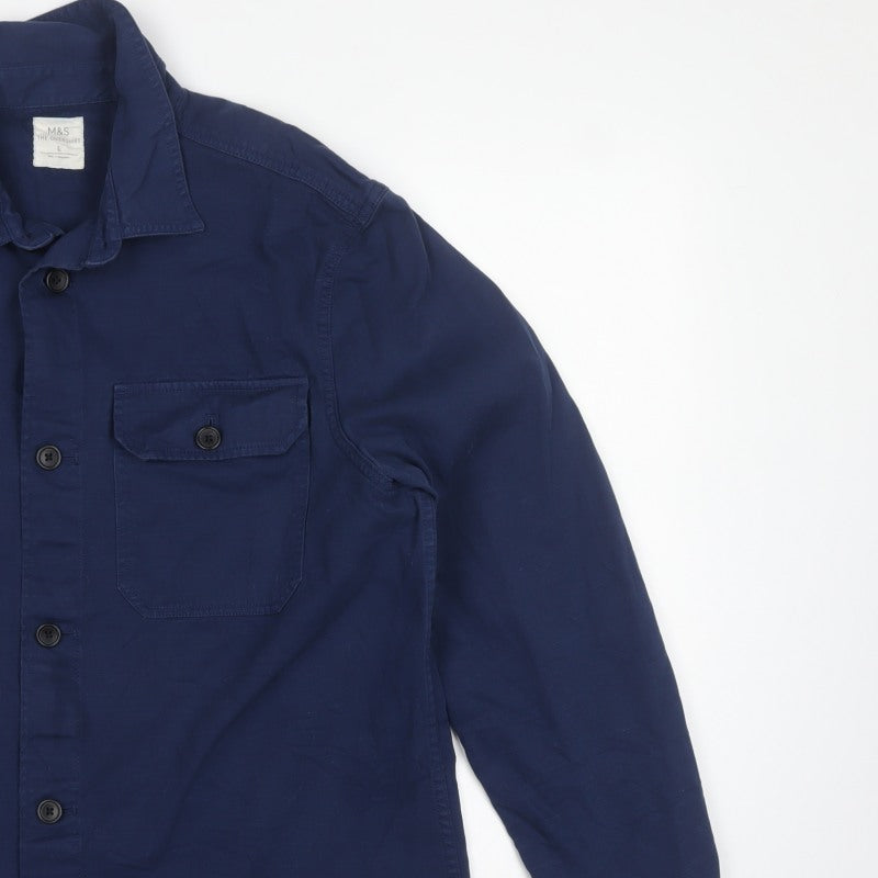 M&S Mens Blue L Cotton Overshirt Button-Up Long Sleeve Workwear