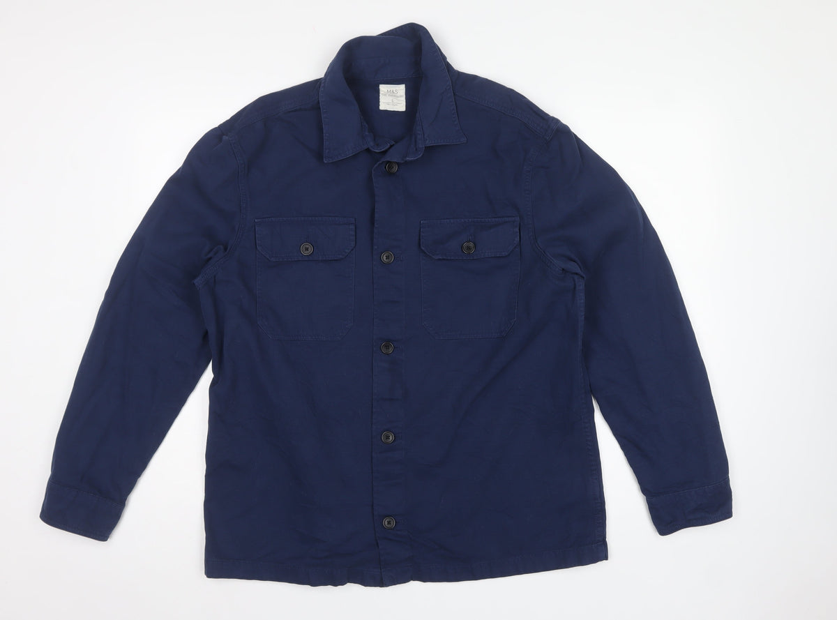 M&S Mens Blue L Cotton Overshirt Button-Up Long Sleeve Workwear