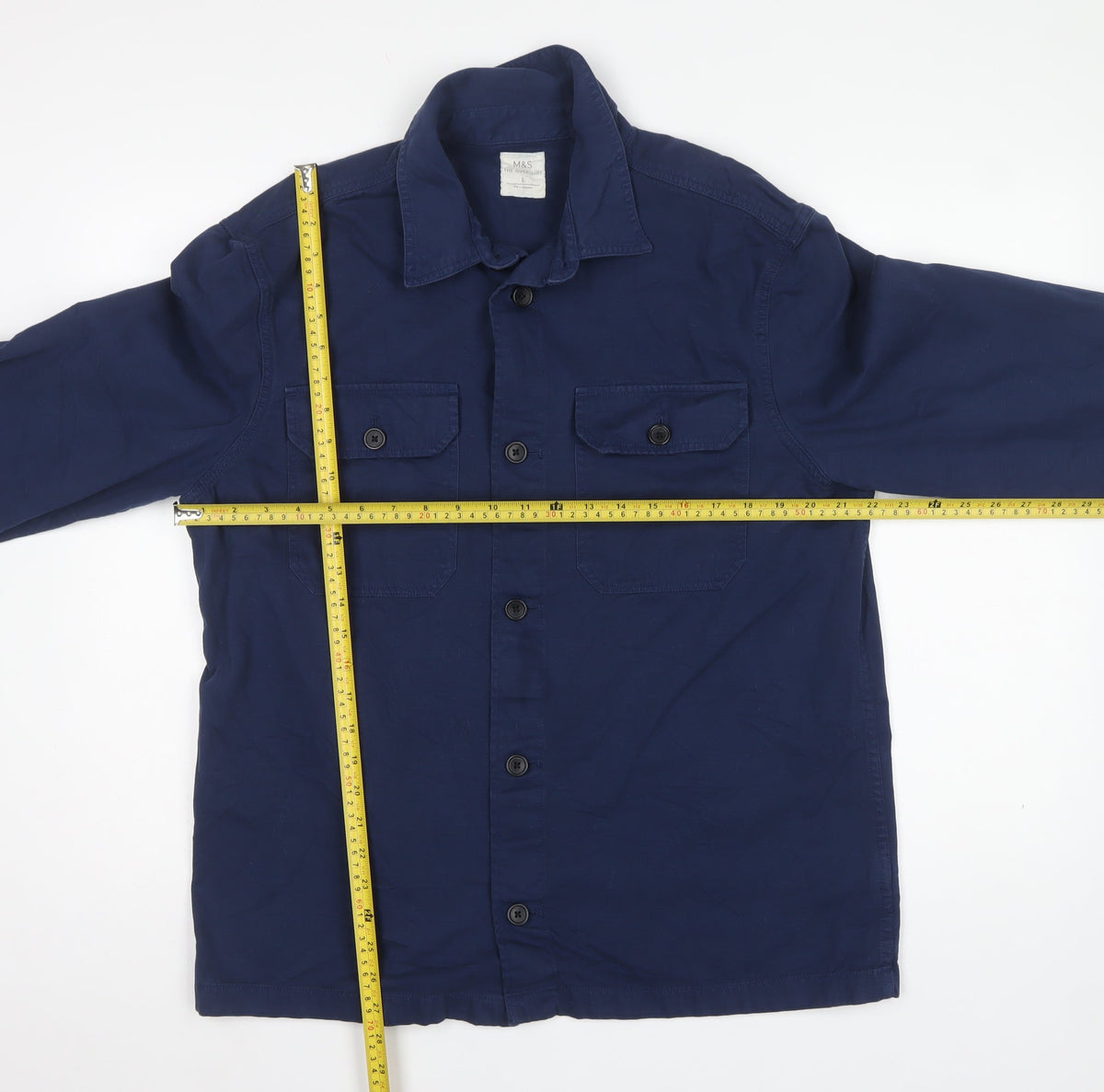 M&S Mens Blue L Cotton Overshirt Button-Up Long Sleeve Workwear