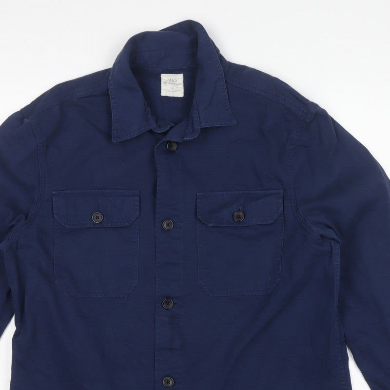 M&S Mens Blue L Cotton Overshirt Button-Up Long Sleeve Workwear