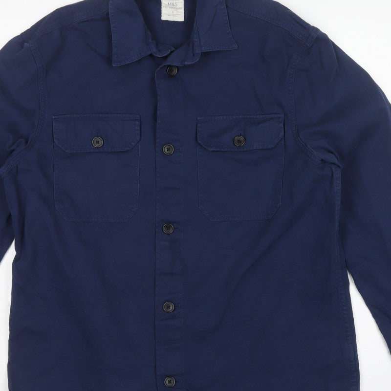 M&S Mens Blue L Cotton Overshirt Button-Up Long Sleeve Workwear