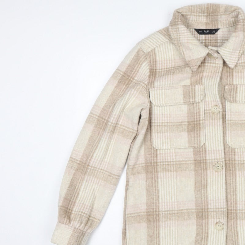 F&F Women’s Beige Check Shacket Jacket UK 8 Button Pocket