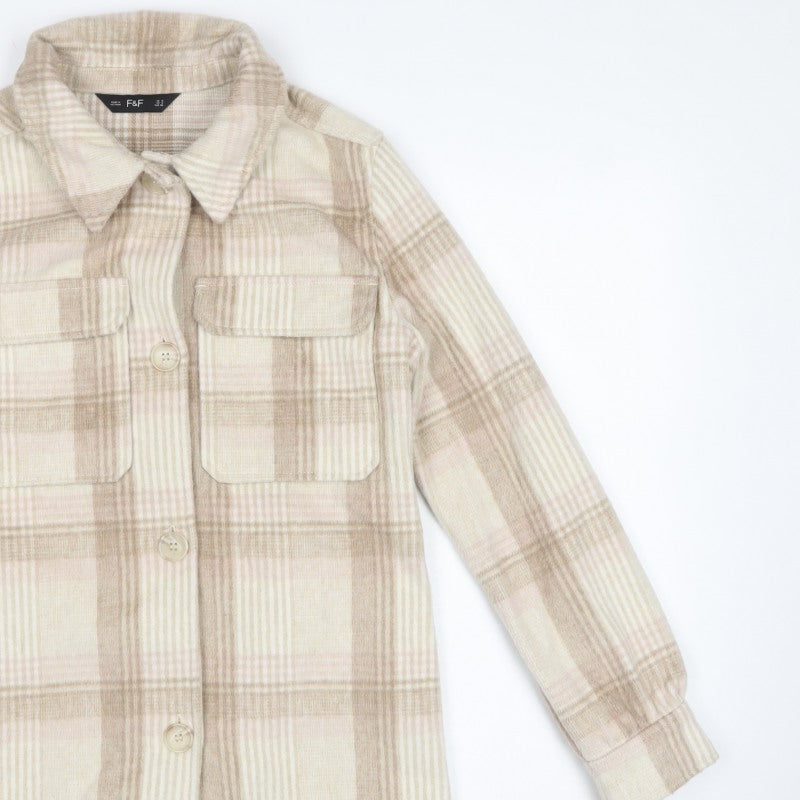 F&F Women’s Beige Check Shacket Jacket UK 8 Button Pocket