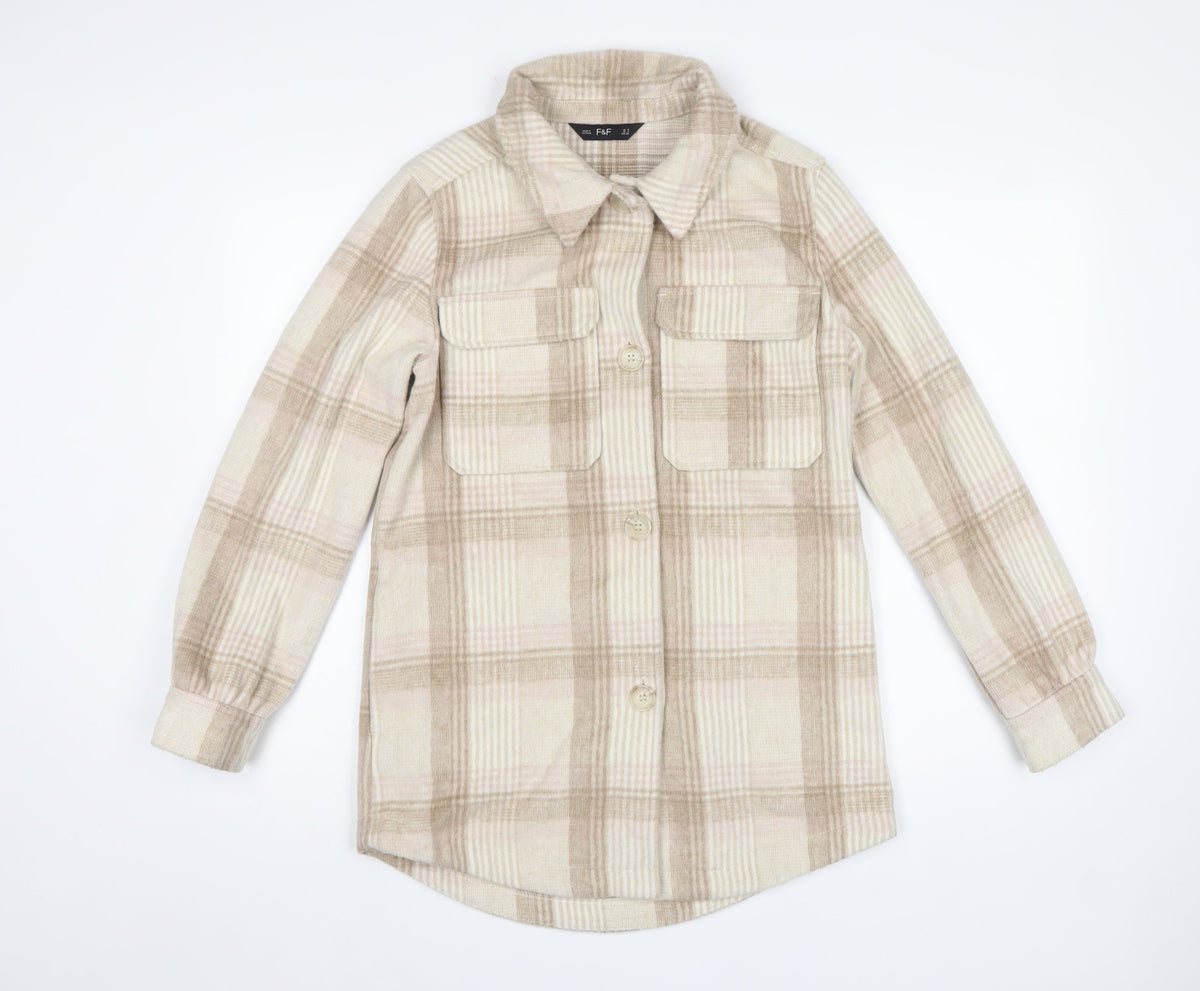 F&F Women’s Beige Check Shacket Jacket UK 8 Button Pocket