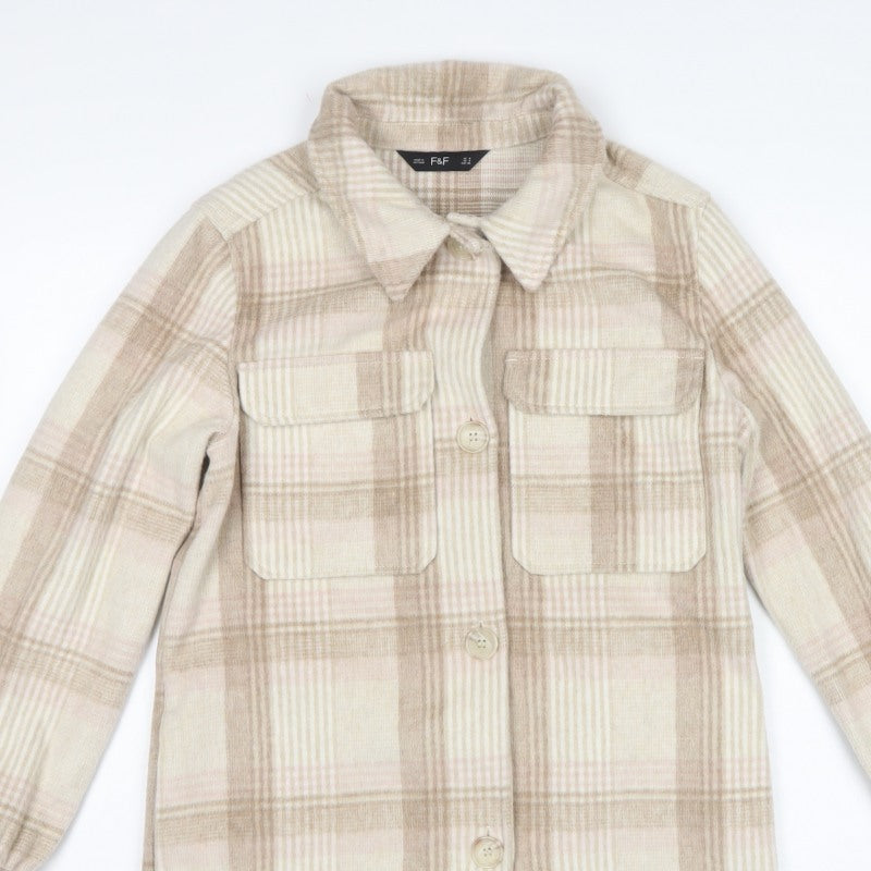 F&F Women’s Beige Check Shacket Jacket UK 8 Button Pocket