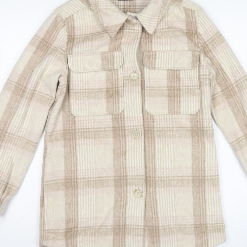 F&F Women’s Beige Check Shacket Jacket UK 8 Button Pocket