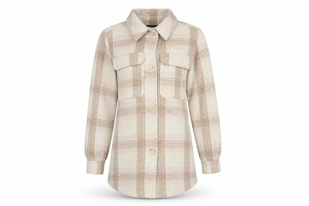 F&F Women’s Beige Check Shacket Jacket UK 8 Button Pocket