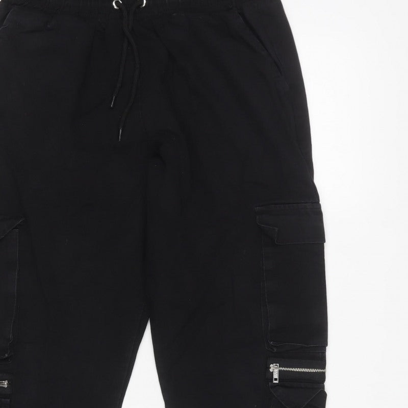 boohooMAN Men’s Black M Cargo Jogger Trousers Drawstring Zip Pockets