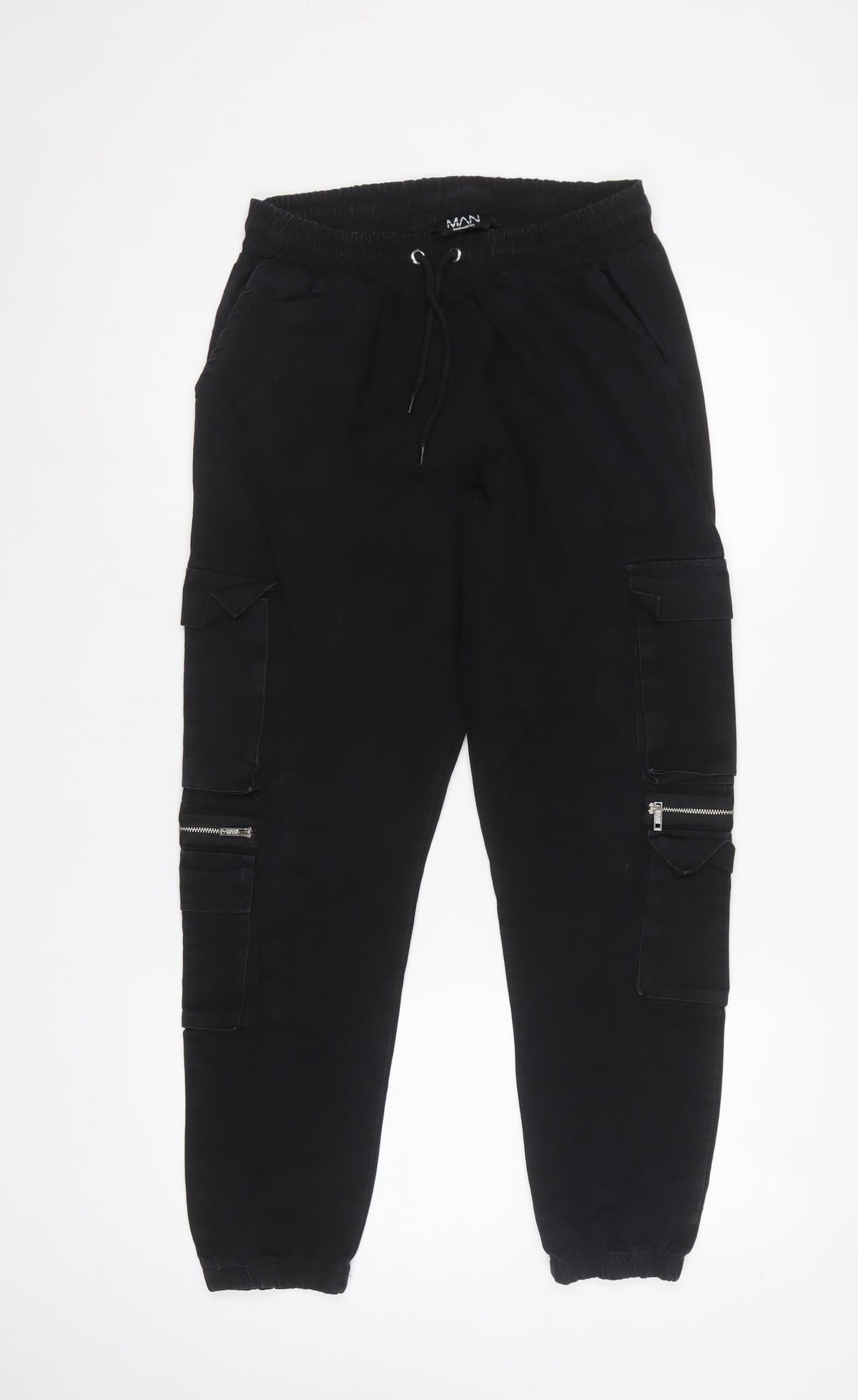 boohooMAN Men’s Black M Cargo Jogger Trousers Drawstring Zip Pockets