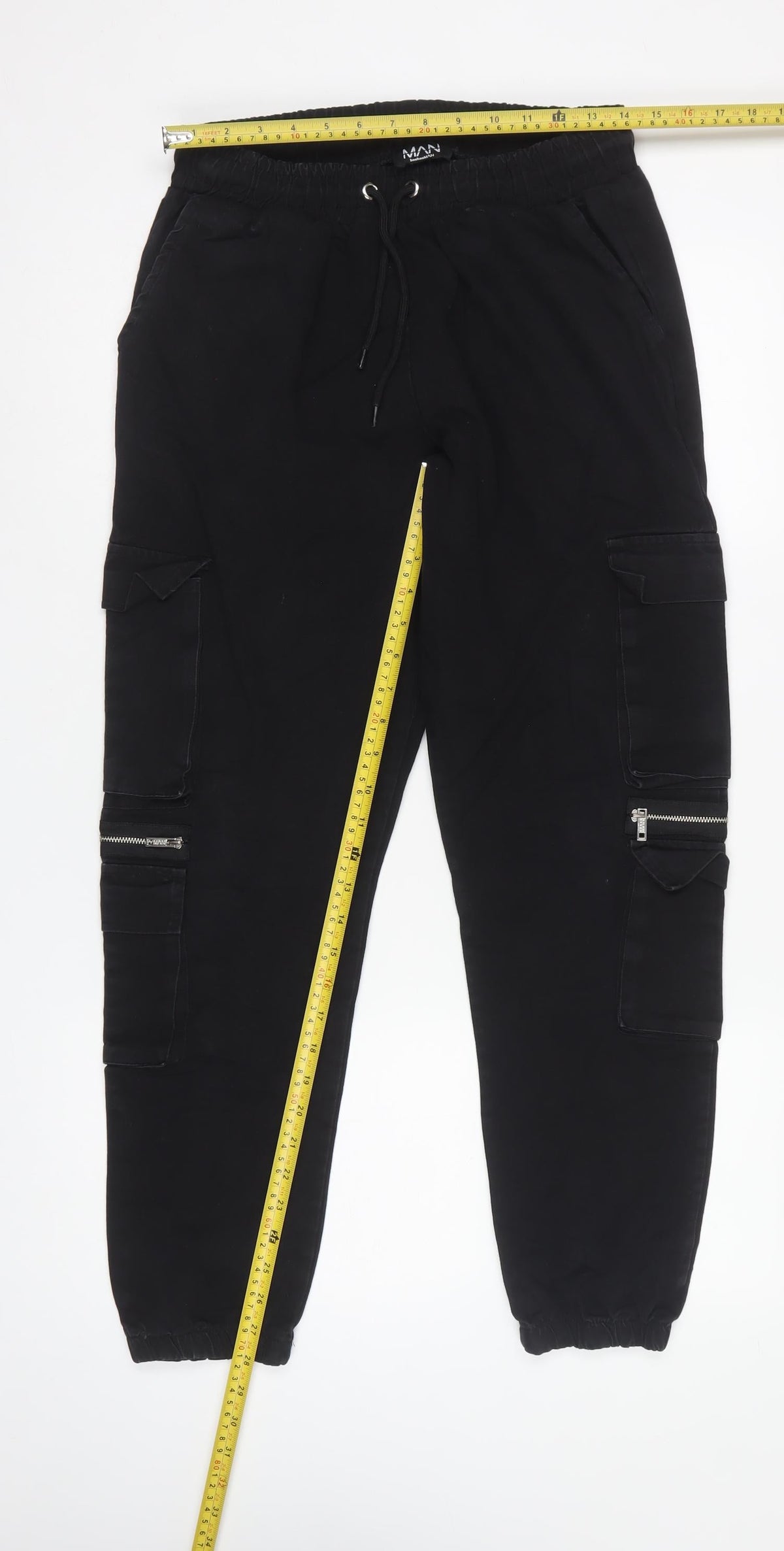 boohooMAN Men’s Black M Cargo Jogger Trousers Drawstring Zip Pockets