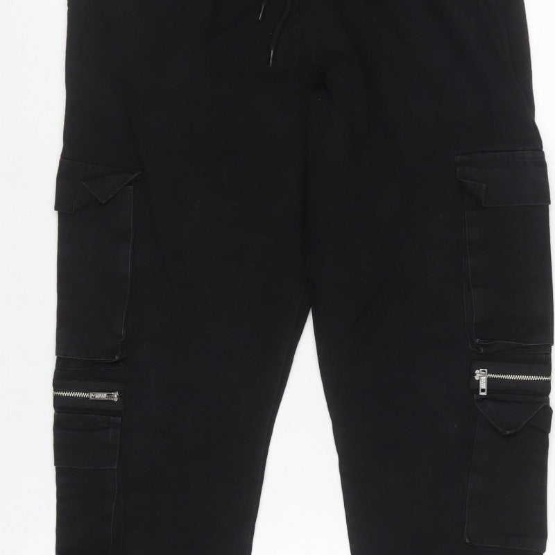 boohooMAN Men’s Black M Cargo Jogger Trousers Drawstring Zip Pockets