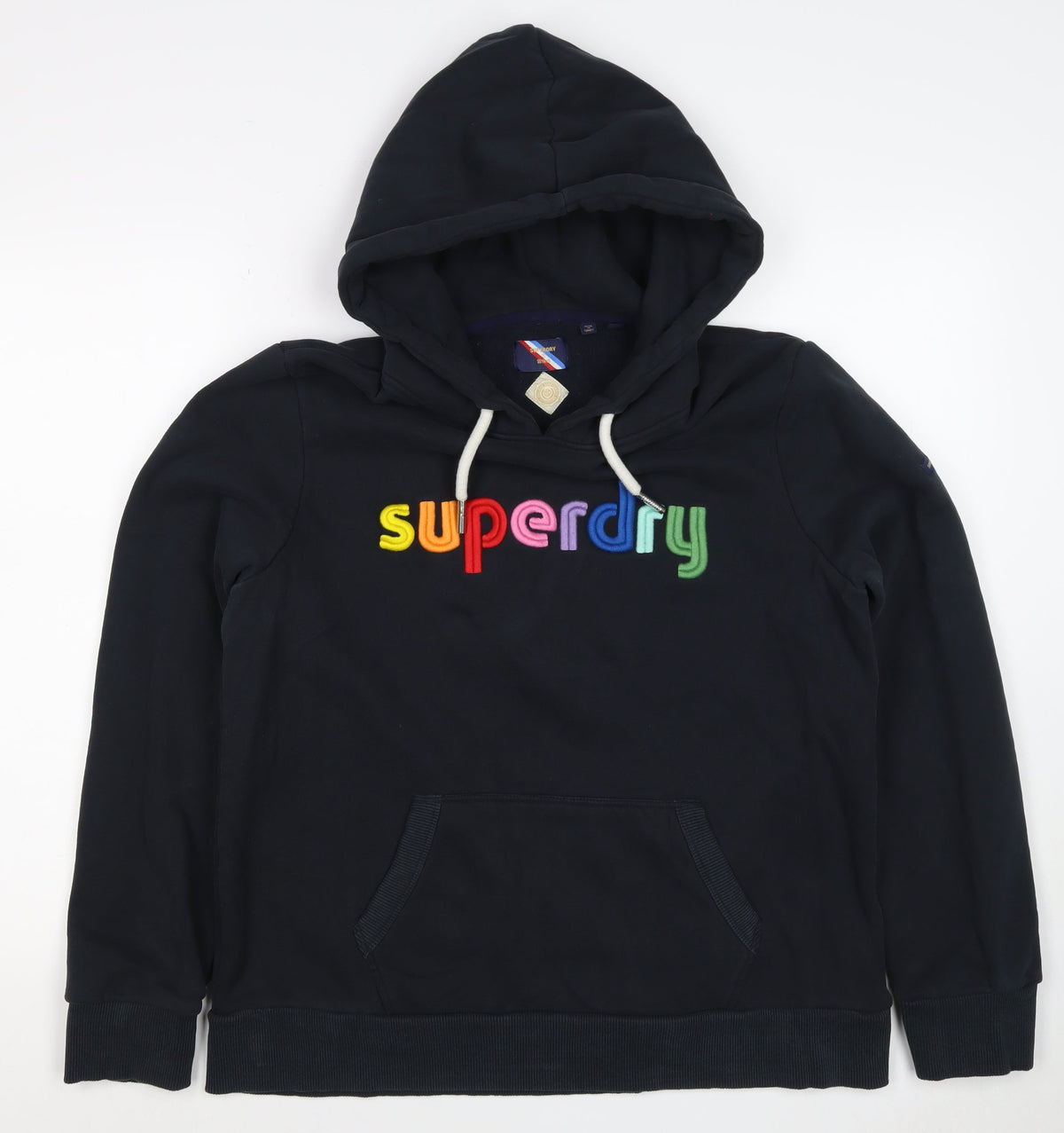 Superdry Women Black UK 16 Rainbow Embroidered Logo Pullover Hoodie