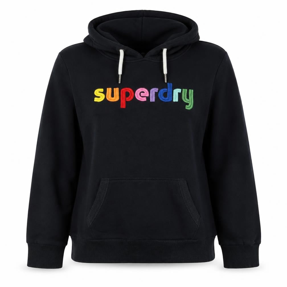 Superdry Women Black UK 16 Rainbow Embroidered Logo Pullover Hoodie