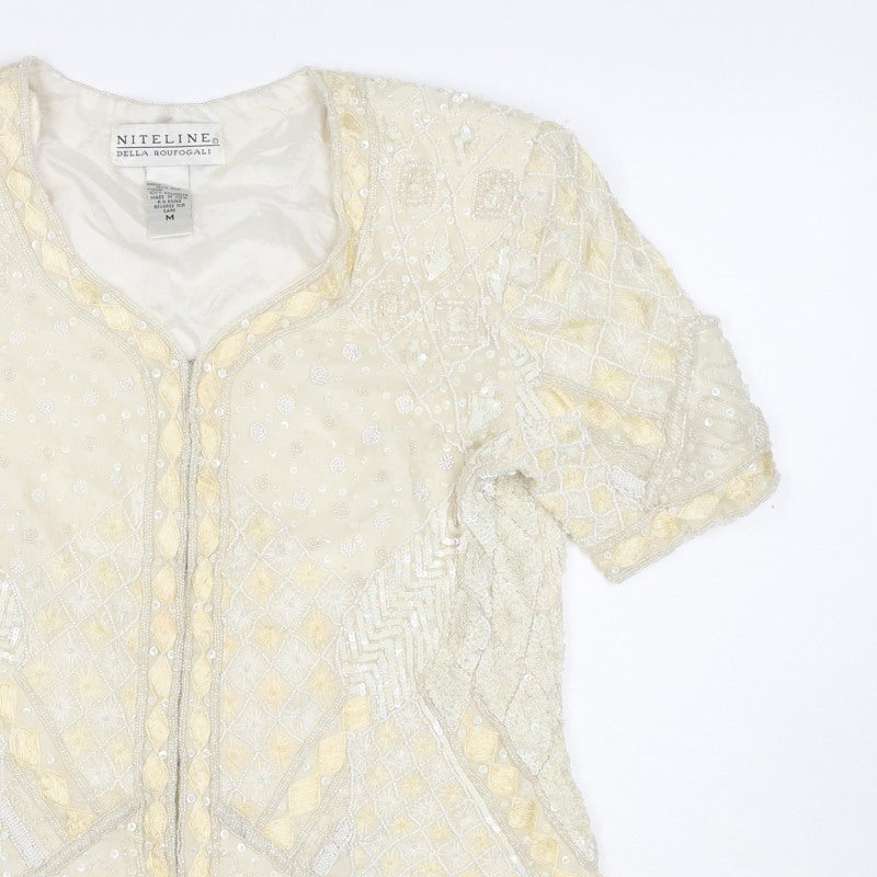 Niteline Women Ivory M Silk Beaded Sequin Short Sleeve Suit Jacket