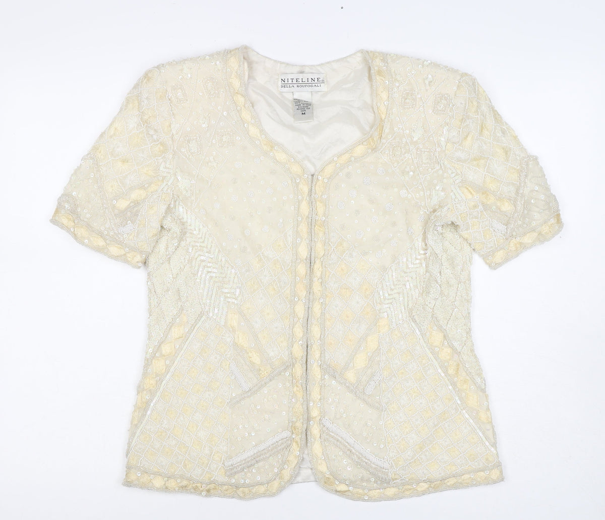 Niteline Women Ivory M Silk Beaded Sequin Short Sleeve Suit Jacket