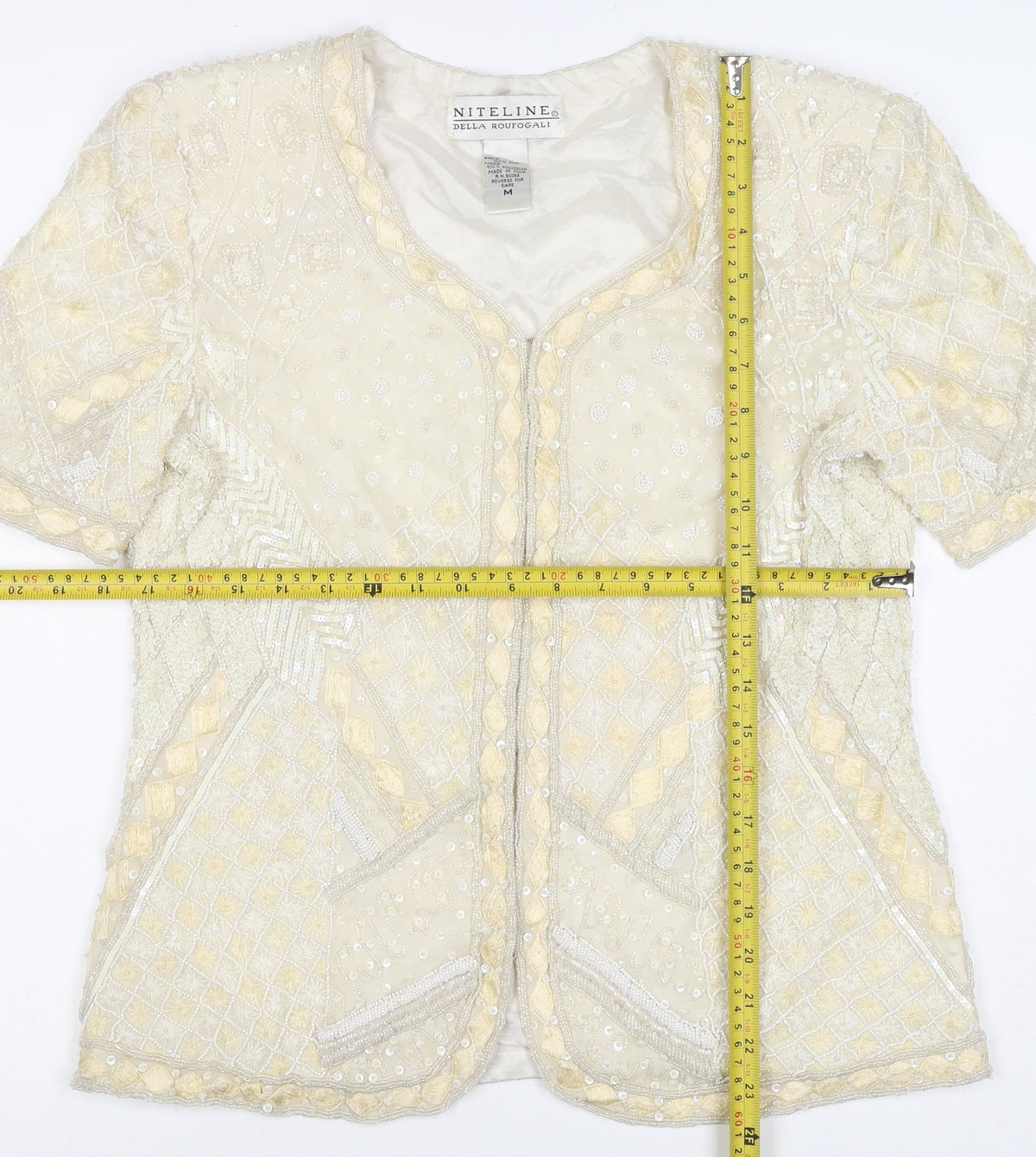 Niteline Women Ivory M Silk Beaded Sequin Short Sleeve Suit Jacket