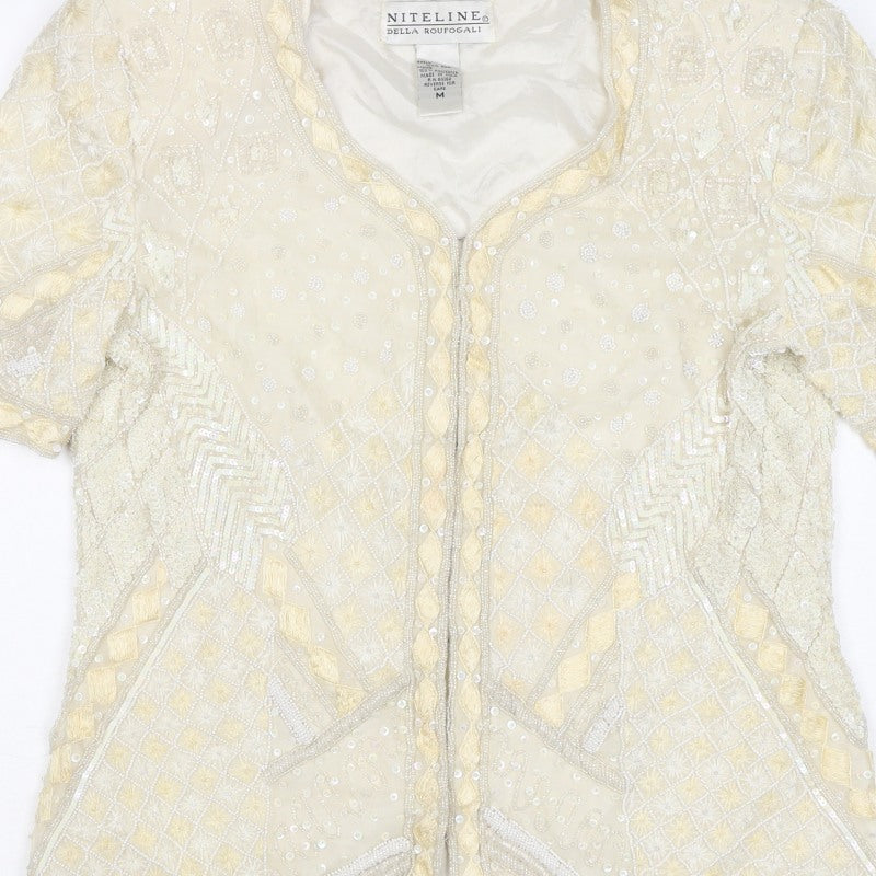 Niteline Women Ivory M Silk Beaded Sequin Short Sleeve Suit Jacket