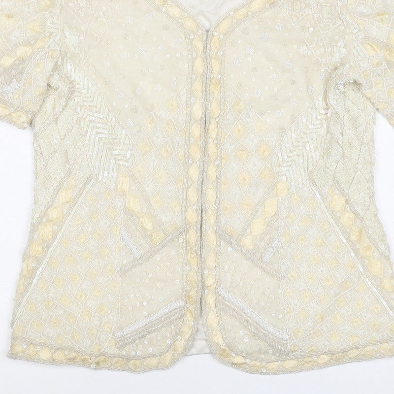 Niteline Women Ivory M Silk Beaded Sequin Short Sleeve Suit Jacket