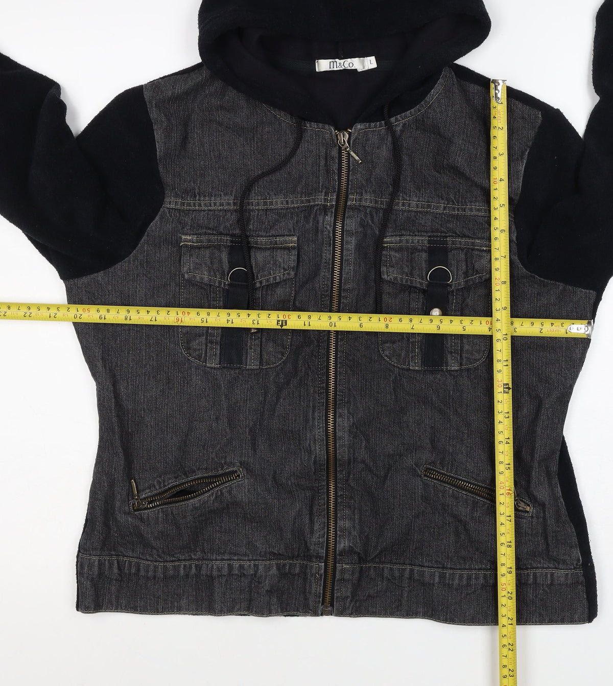 M&Co Women Grey Black L Hooded Denim Zip Jacket Cotton Blend