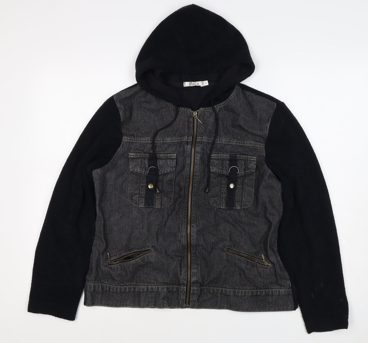 M&Co Women Grey Black L Hooded Denim Zip Jacket Cotton Blend