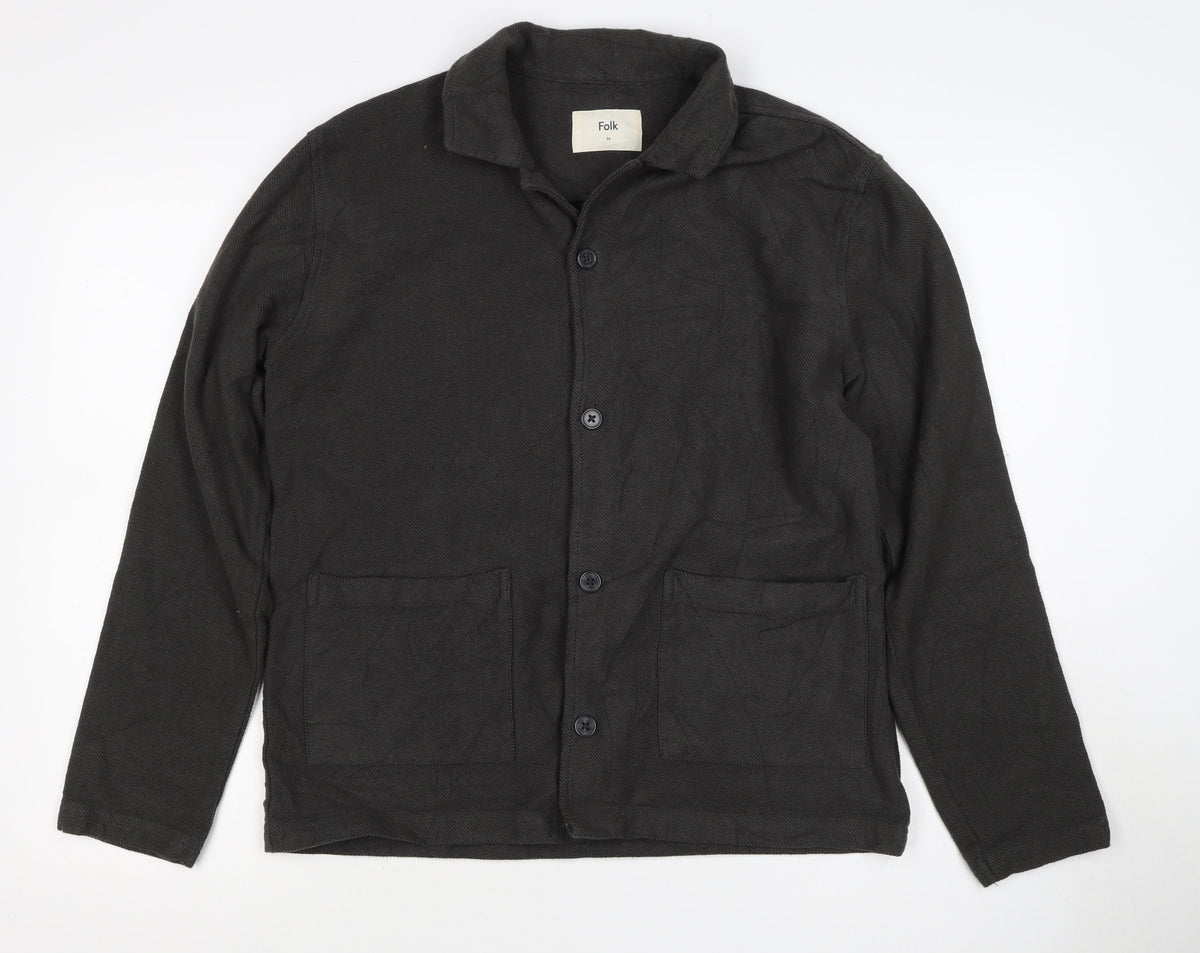 Folk Men's Black M Cotton Twill Overshirt Button-Up Workwear Pockets