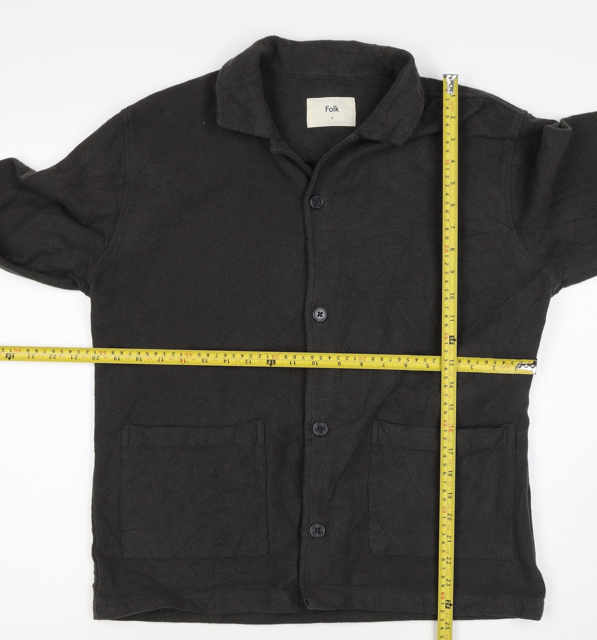 Folk Men's Black M Cotton Twill Overshirt Button-Up Workwear Pockets