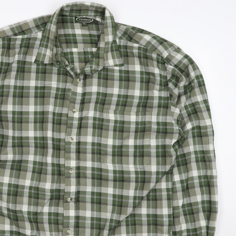 Champion Men's Green Plaid Check Cotton Shirt XL Long Sleeve Button-Up