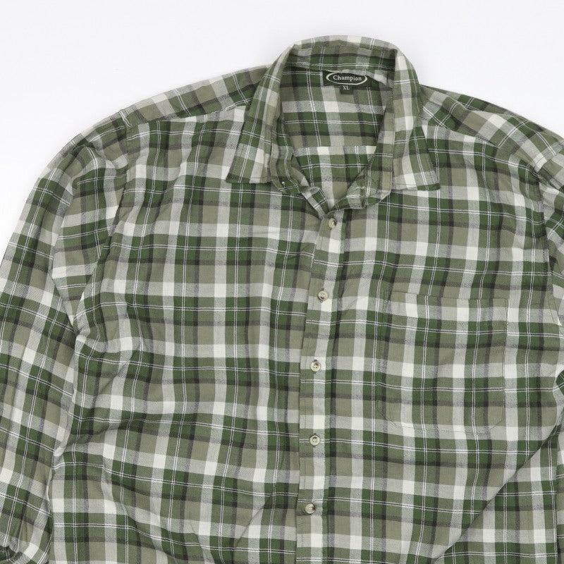 Champion Men's Green Plaid Check Cotton Shirt XL Long Sleeve Button-Up