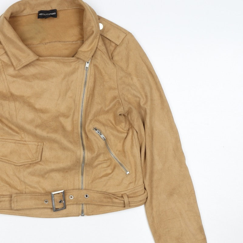 PrettyLittleThing Women’s Beige Size 6 Faux Suede Biker Jacket