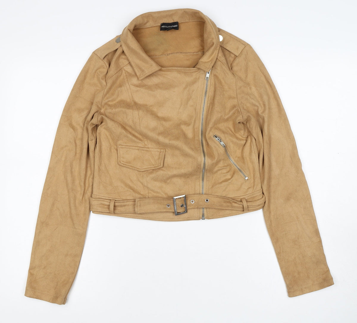 PrettyLittleThing Women’s Beige Size 6 Faux Suede Biker Jacket