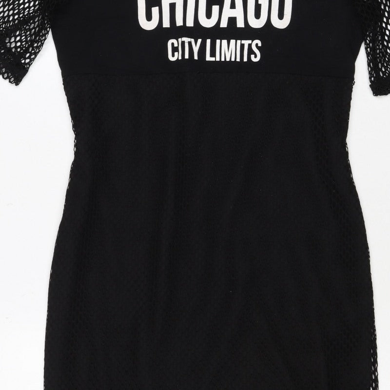 Select Women Black UK 14 Bodycon Short Mesh Graphic Print Dress