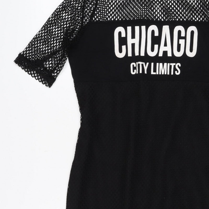 Select Women Black UK 14 Bodycon Short Mesh Graphic Print Dress