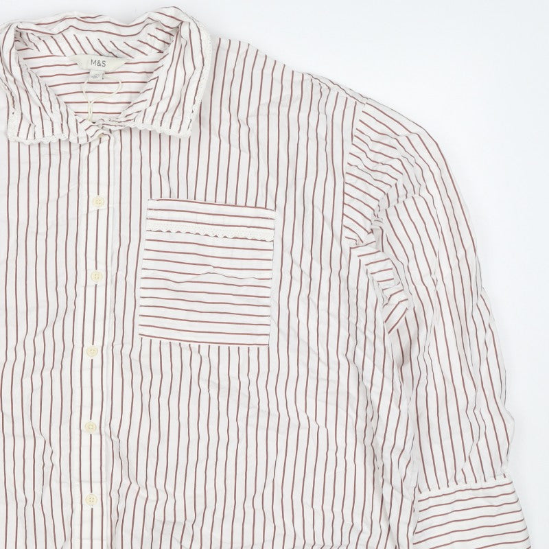 Marks and Spencer Women White Red Striped Lace Collar Button-Up Blouse UK 20