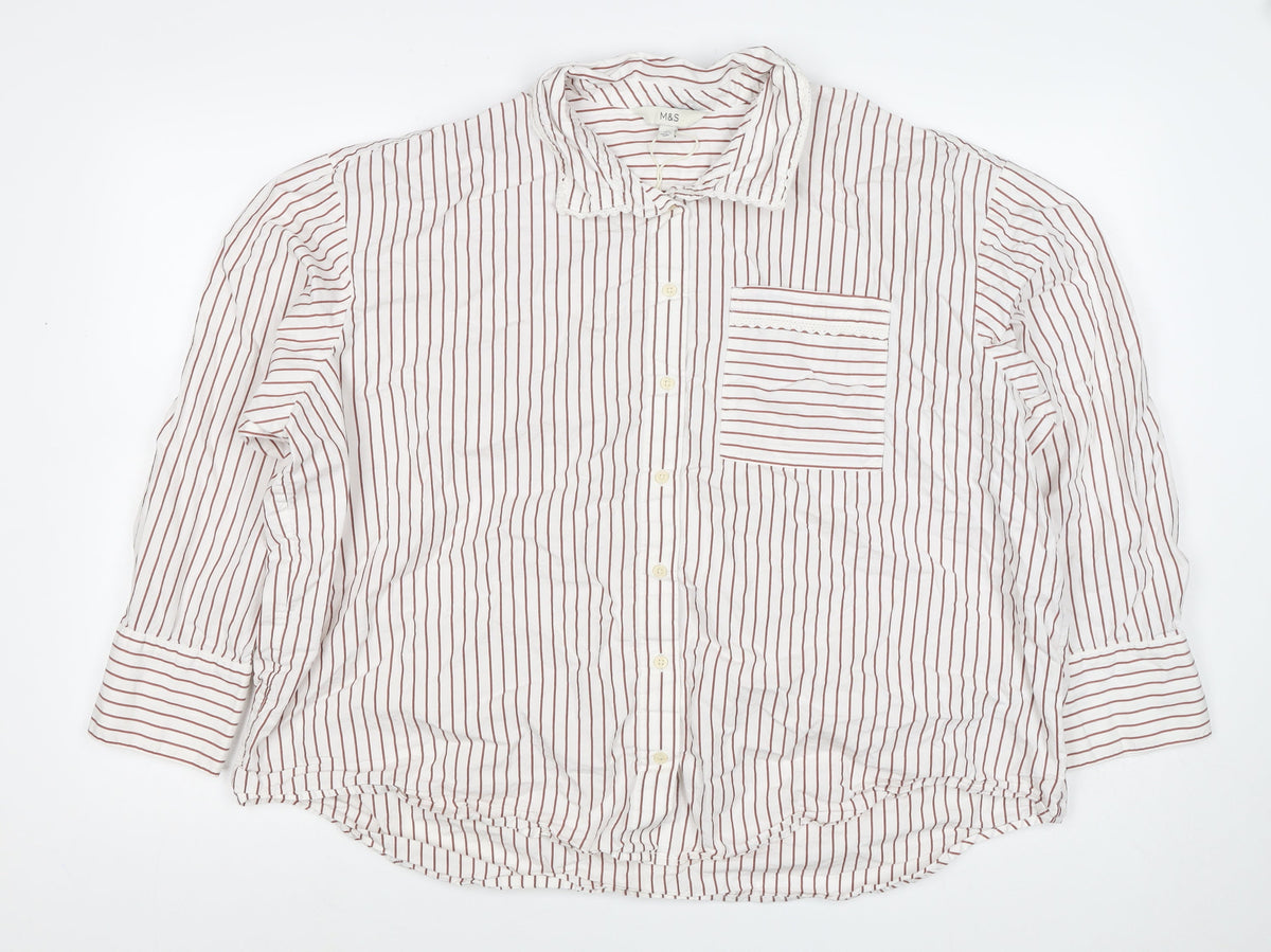 Marks and Spencer Women White Red Striped Lace Collar Button-Up Blouse UK 20