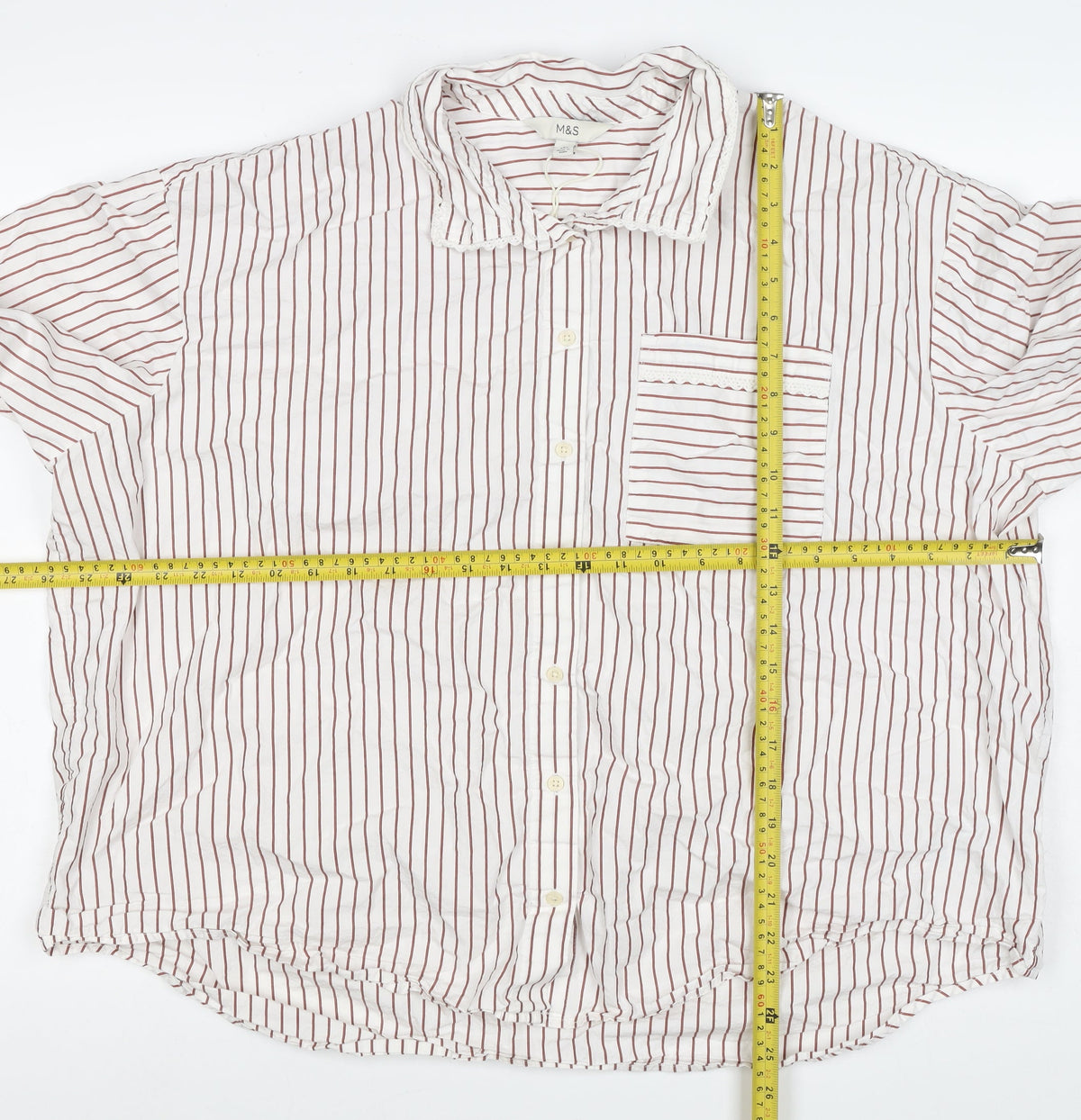 Marks and Spencer Women White Red Striped Lace Collar Button-Up Blouse UK 20