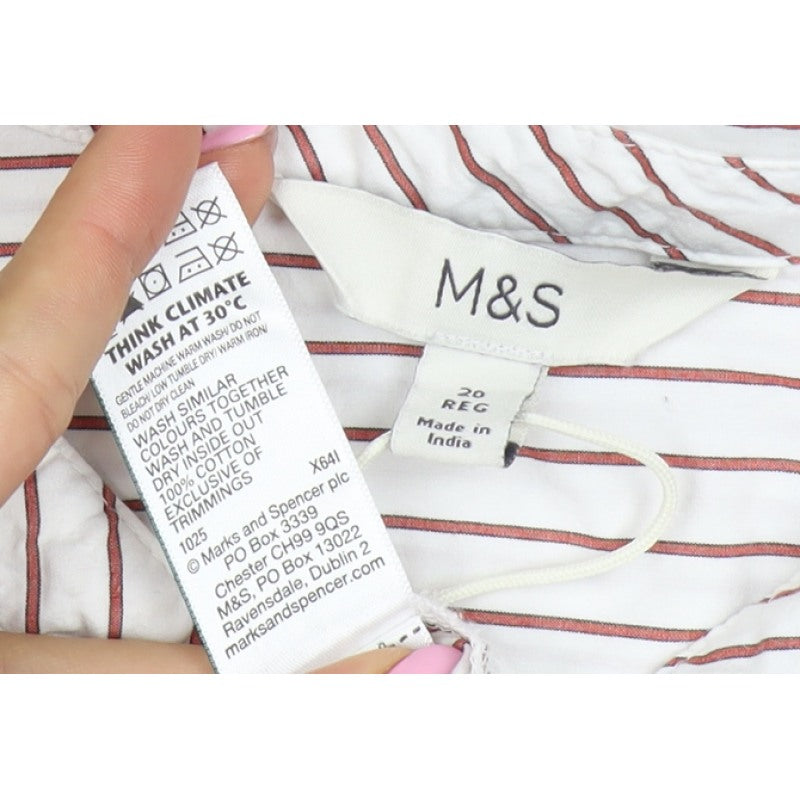 Marks and Spencer Women White Red Striped Lace Collar Button-Up Blouse UK 20