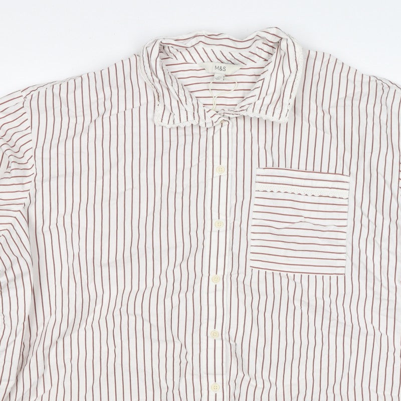 Marks and Spencer Women White Red Striped Lace Collar Button-Up Blouse UK 20
