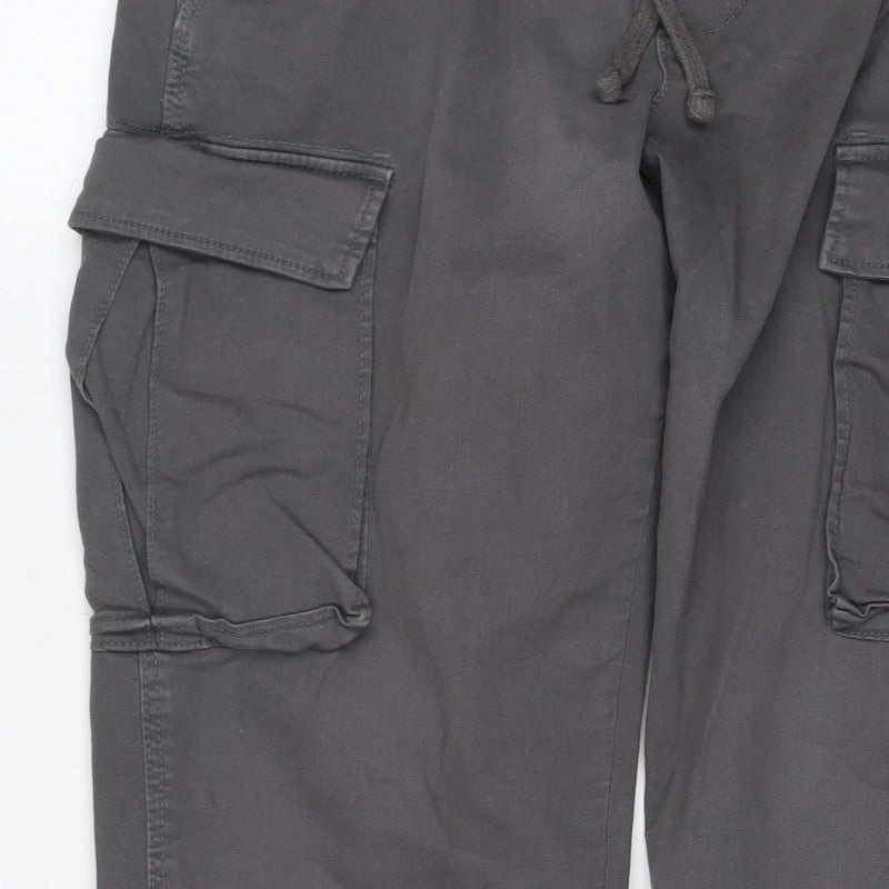Bershka Men Grey S Cotton Stretch Cargo Trousers Drawstring