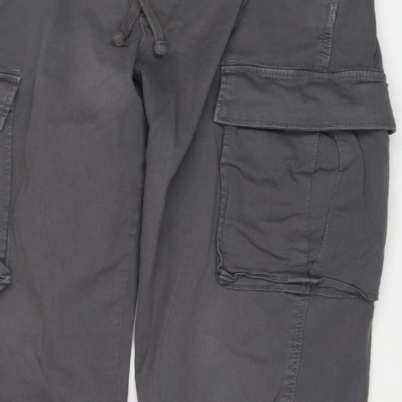 Bershka Men Grey S Cotton Stretch Cargo Trousers Drawstring