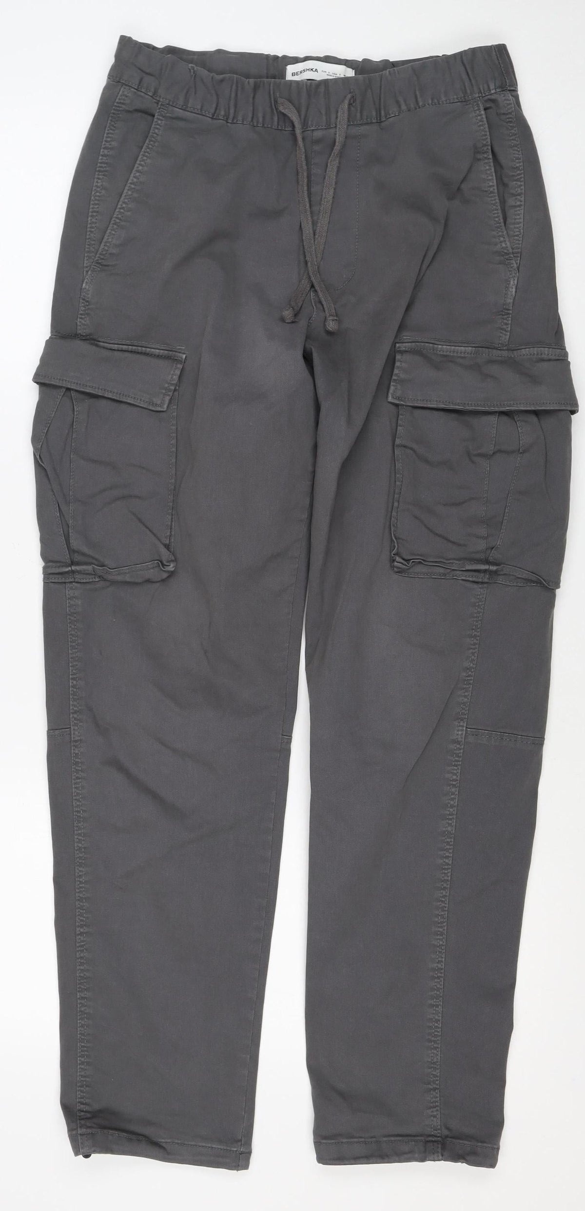 Bershka Men Grey S Cotton Stretch Cargo Trousers Drawstring
