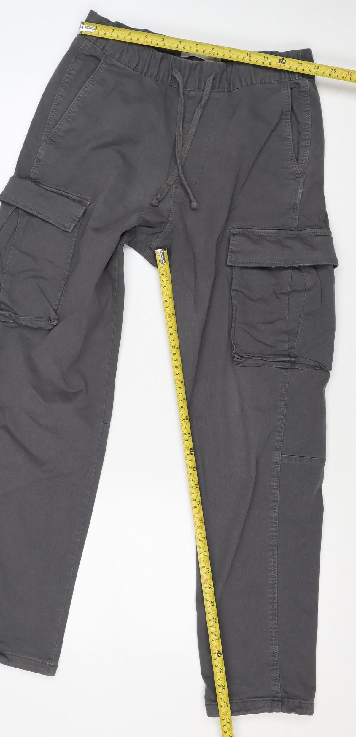 Bershka Men Grey S Cotton Stretch Cargo Trousers Drawstring