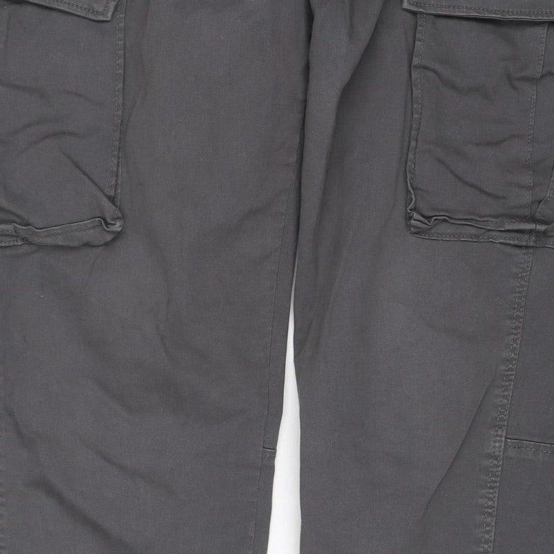 Bershka Men Grey S Cotton Stretch Cargo Trousers Drawstring