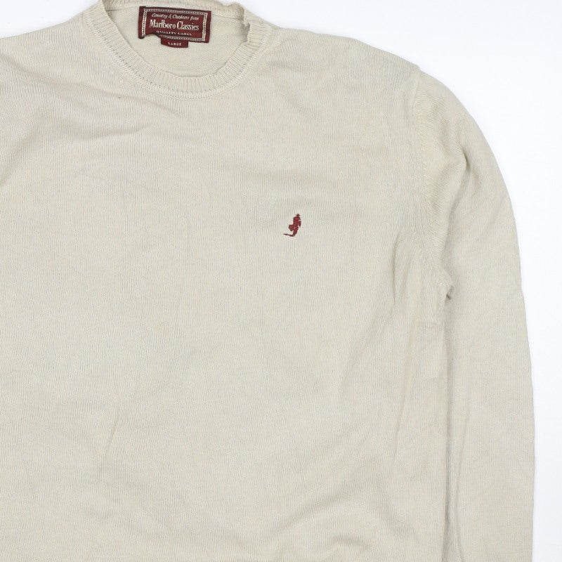 Marlboro Classics Men’s Beige Cotton Crew Neck Logo Jumper L