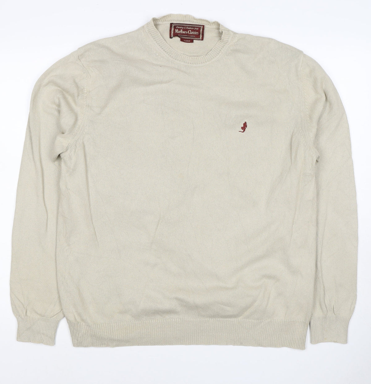 Marlboro Classics Men’s Beige Cotton Crew Neck Logo Jumper L