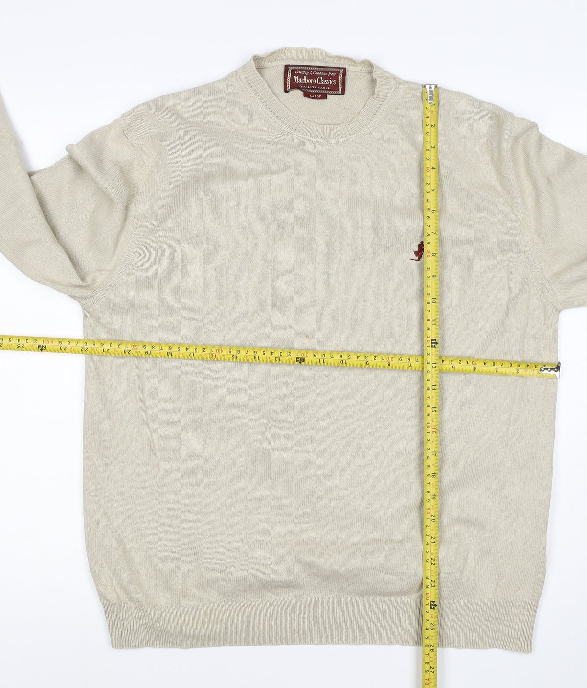 Marlboro Classics Men’s Beige Cotton Crew Neck Logo Jumper L