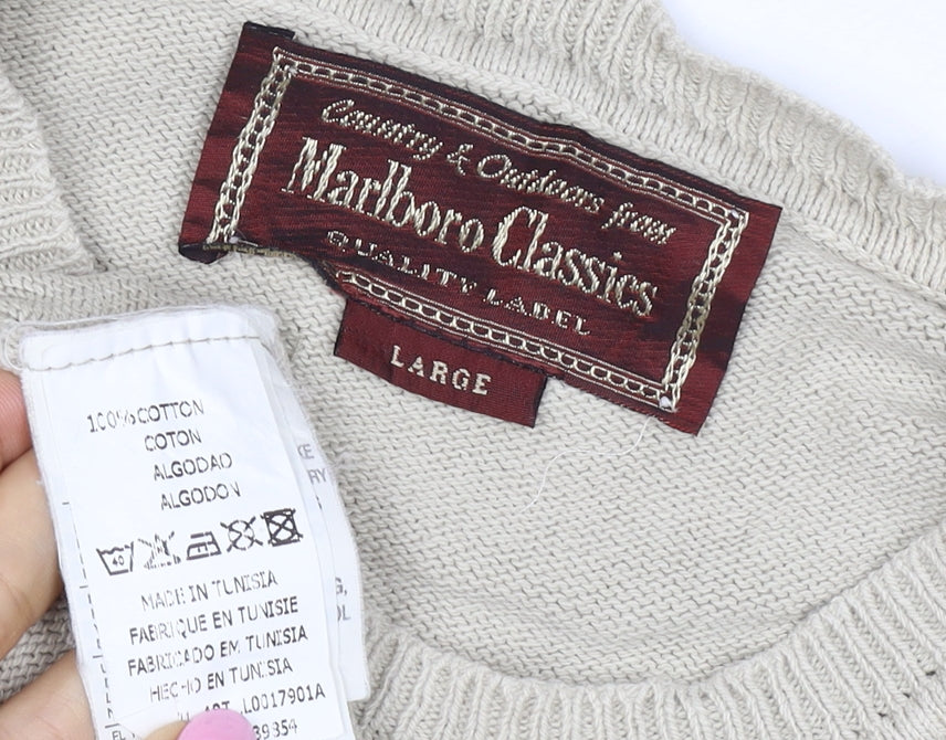 Marlboro Classics Men’s Beige Cotton Crew Neck Logo Jumper L
