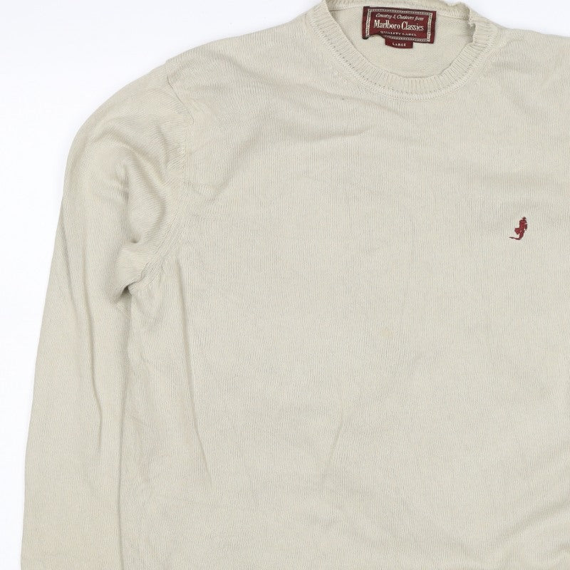Marlboro Classics Men’s Beige Cotton Crew Neck Logo Jumper L