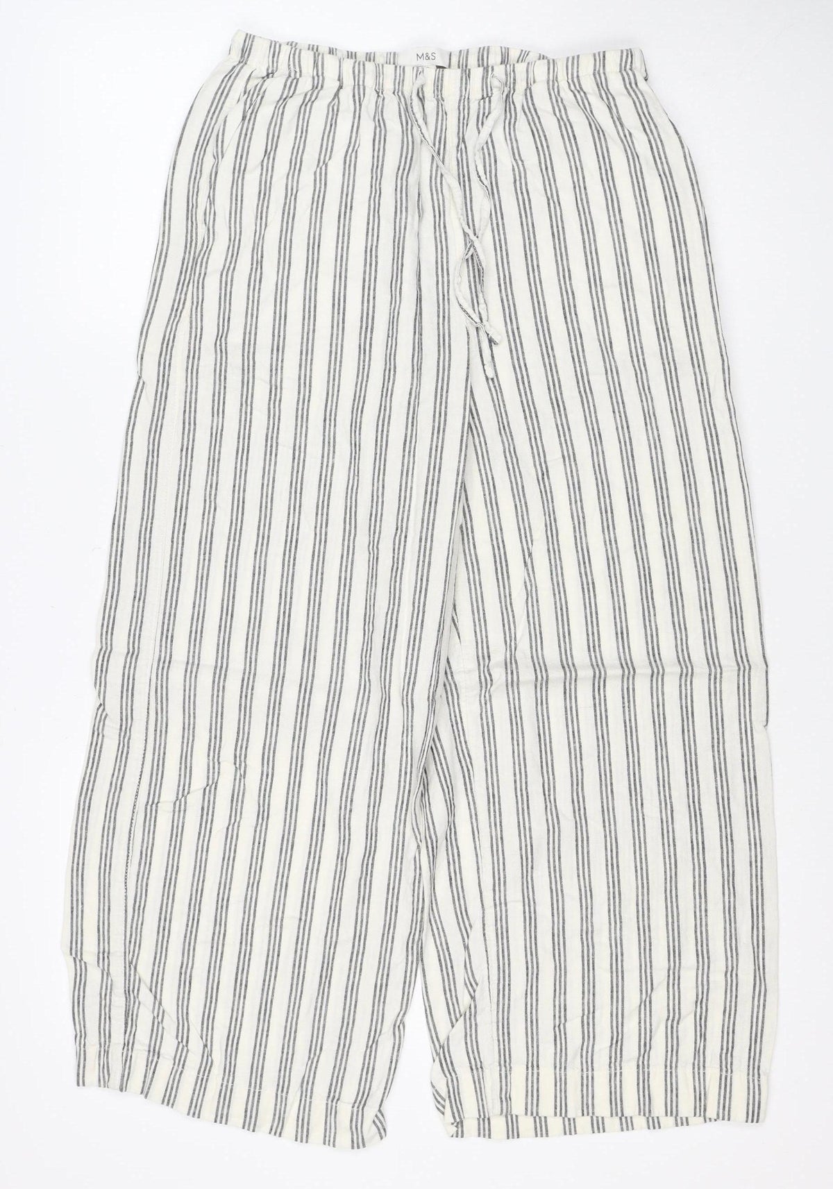 Marks & Spencer Women's White Stripe Linen Wide-Leg Trousers UK 10 Short